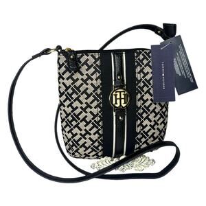 NEW Tommy Hilfiger CROSSBODY HANDBAG Black Tan Jacquard Faux Leather Logo Purse